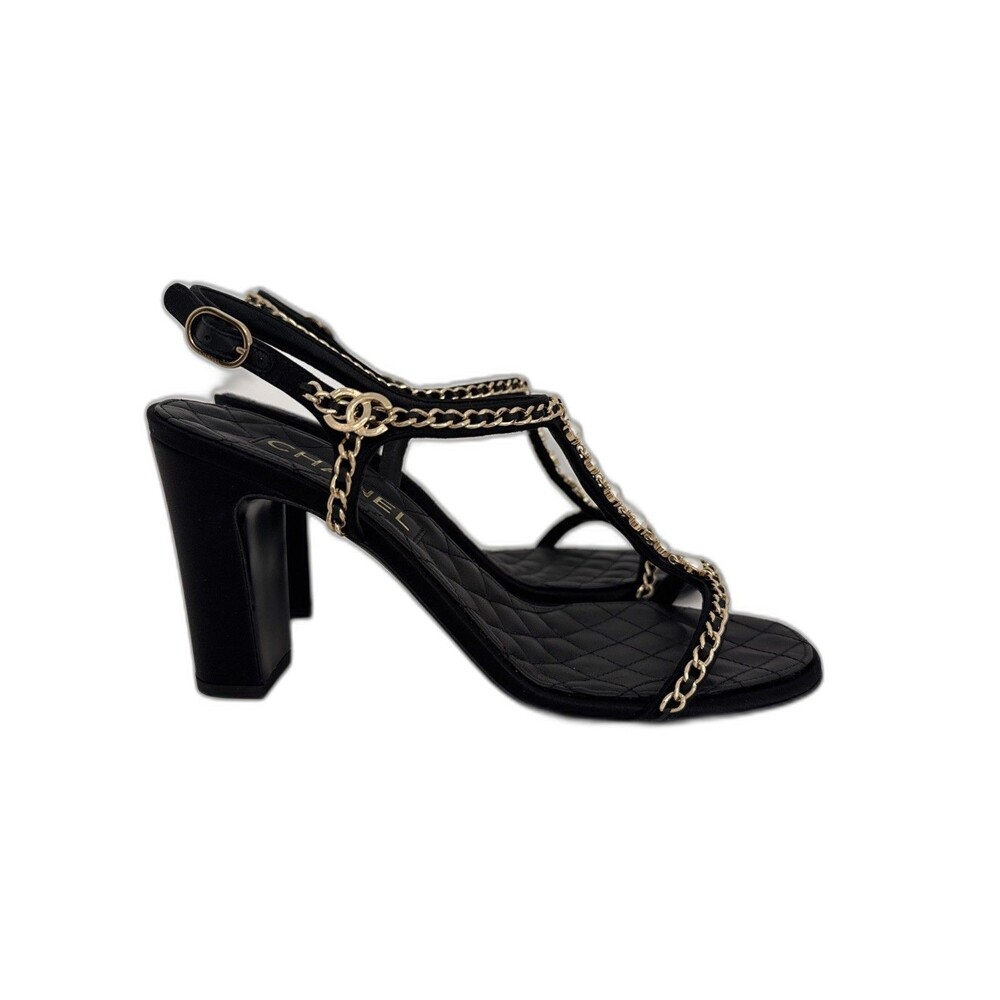 Chanel EU 40 Black Lambskin Quilted Chain & Pearl Open Toe Sandals Heels